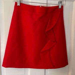 J Crew red wool skirt with ruffle in front - size 0 - 100% wool - like new